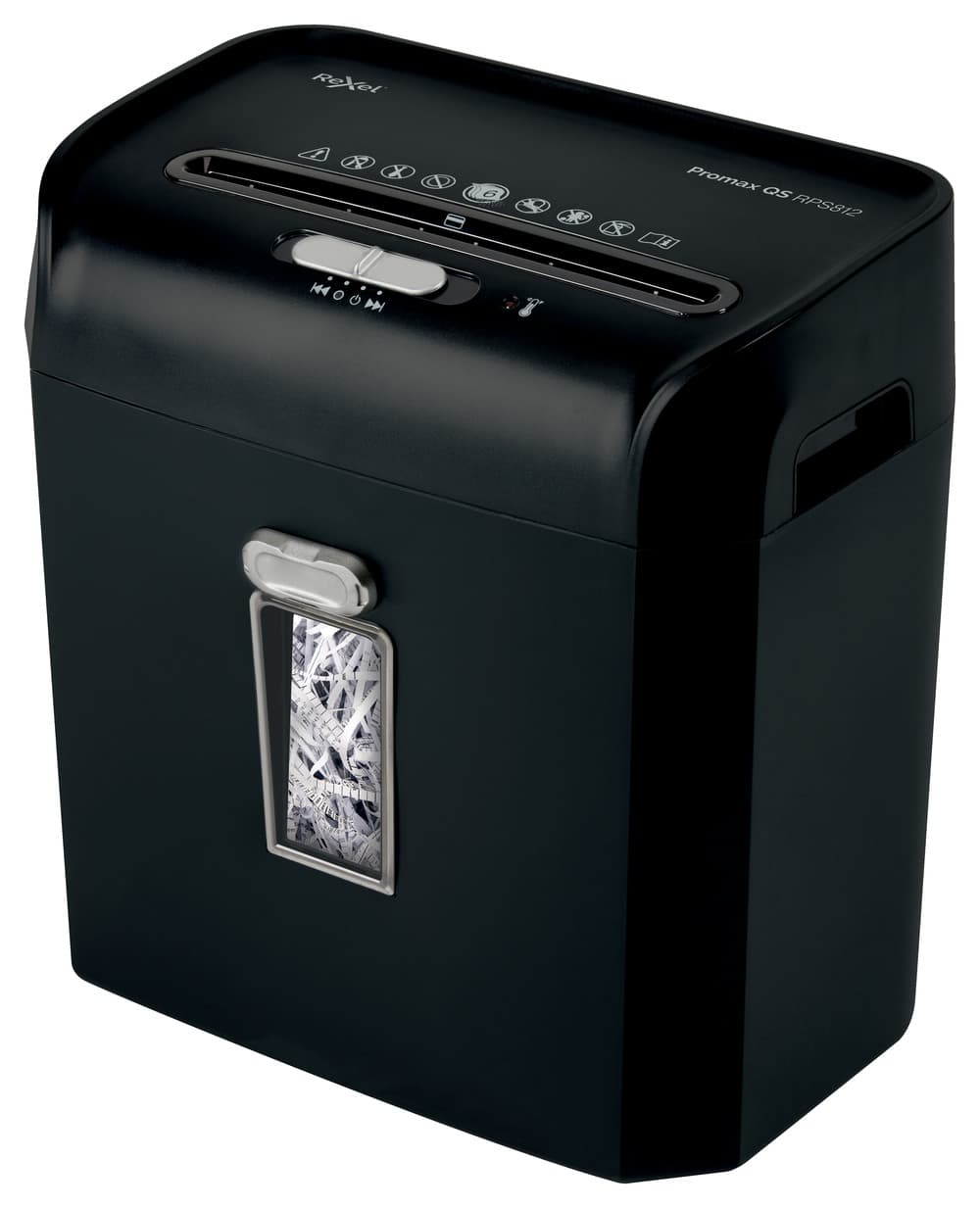 Distrugator manual documente Rexel PROMAX QS RPS812, 8 coli, P2, strip-cut (tip fasii), cos 12 litri, negru, "2104580EU" — miniatură