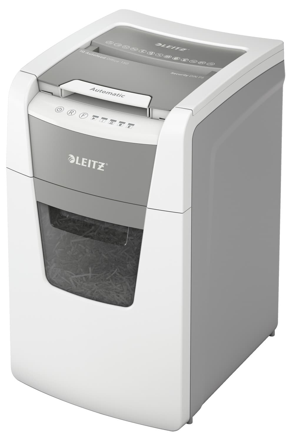 Distrugator automat documente Leitz IQ Office, 150 coli, P5, micro-cut (tip particule), cos 44 litri, alb-gri, Leitz "80140000"