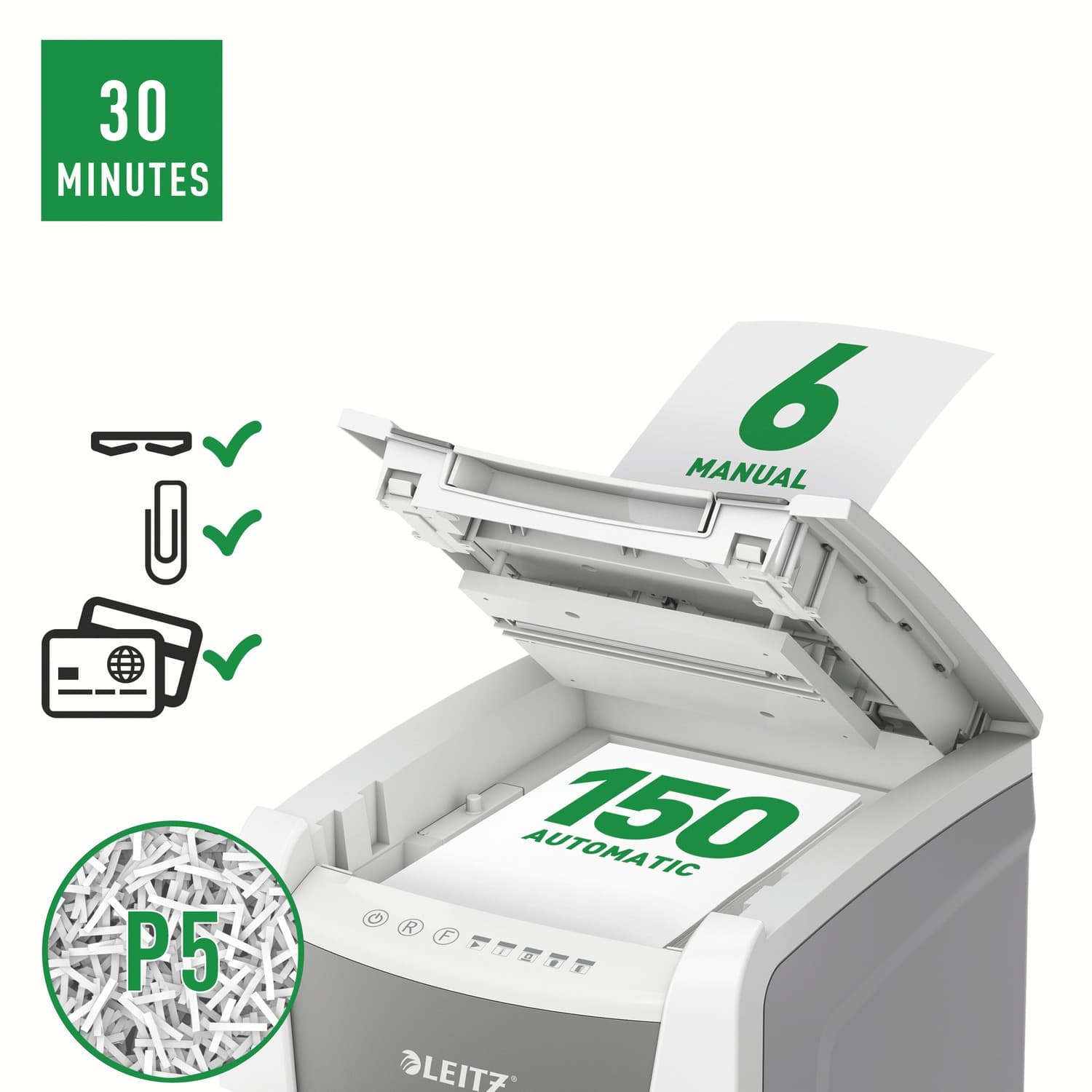 Distrugator automat documente Leitz IQ Office, 150 coli, P5, micro-cut (tip particule), cos 44 litri, alb-gri, Leitz "80140000" — miniatură