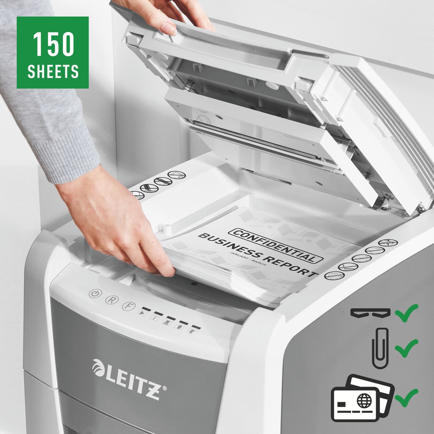 Distrugator automat documente Leitz IQ Office, 150 coli, P5, micro-cut (tip particule), cos 44 litri, alb-gri, Leitz "80140000" — miniatură
