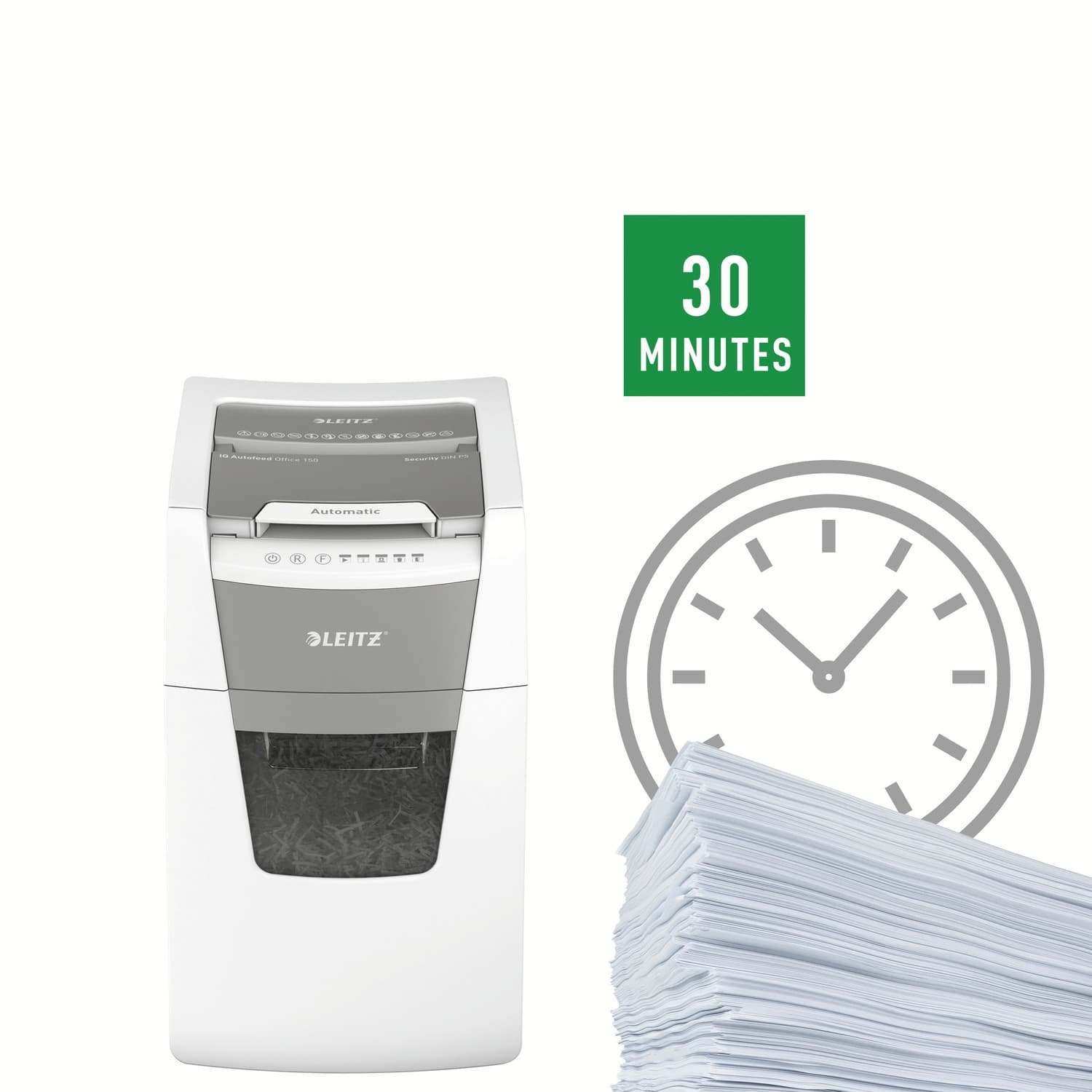 Distrugator automat documente Leitz IQ Office, 150 coli, P5, micro-cut (tip particule), cos 44 litri, alb-gri, Leitz "80140000" — miniatură