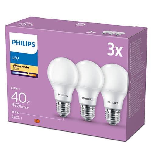 SET 3 becuri LED Philips, soclu E27, putere 5.5W, forma clasic, lumina alb calda, alimentare 220 - 240 V, "000008718699630805" — miniatură