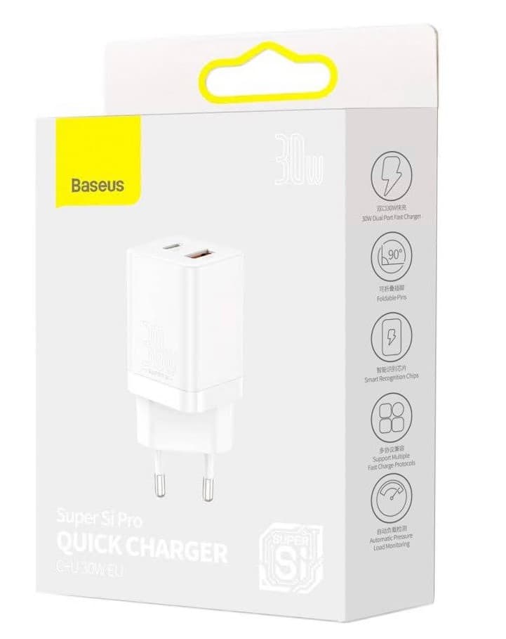 INCARCATOR retea Baseus Super Si Pro, Quick Charge 30W, 1 x USB 5V/3A, 1 x USB Type-C 5V/3A, alb "CCSUPP-E02" - 6953156206359 — miniatură