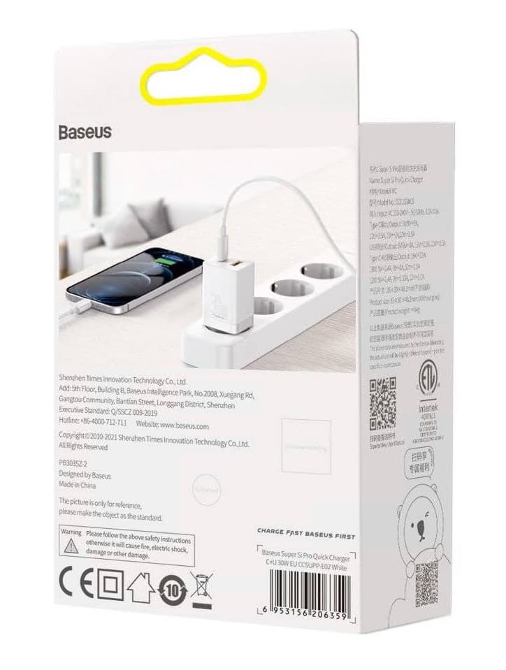 INCARCATOR retea Baseus Super Si Pro, Quick Charge 30W, 1 x USB 5V/3A, 1 x USB Type-C 5V/3A, alb "CCSUPP-E02" - 6953156206359 — miniatură