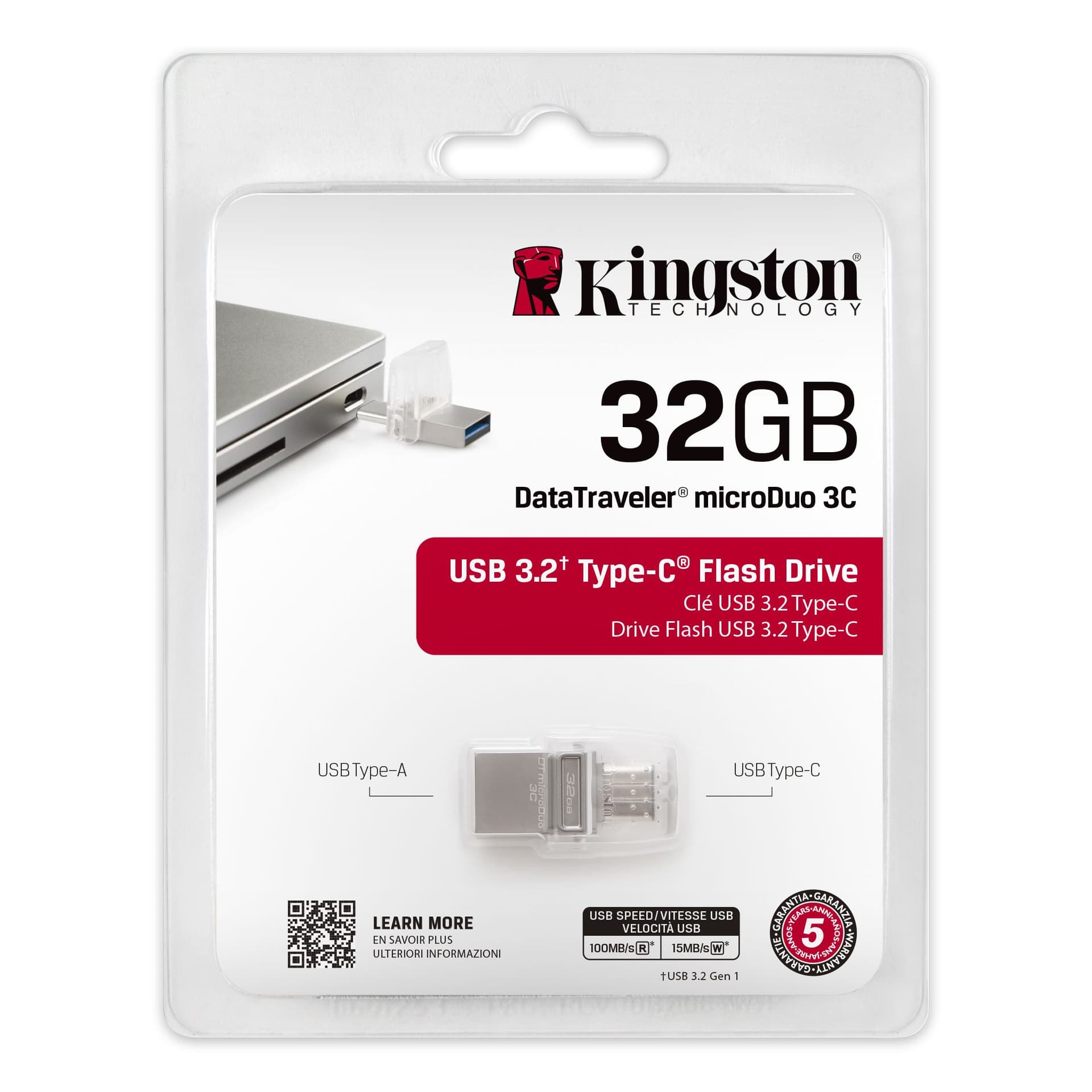 MEMORIE USB 3.0, USB 3.0 Type-C KINGSTON 32 GB, profil mic, OTG, argintiu & alb transparent, carcasa metalic & plastic "DataTraveler" "DTDUO3C/32GB" — miniatură