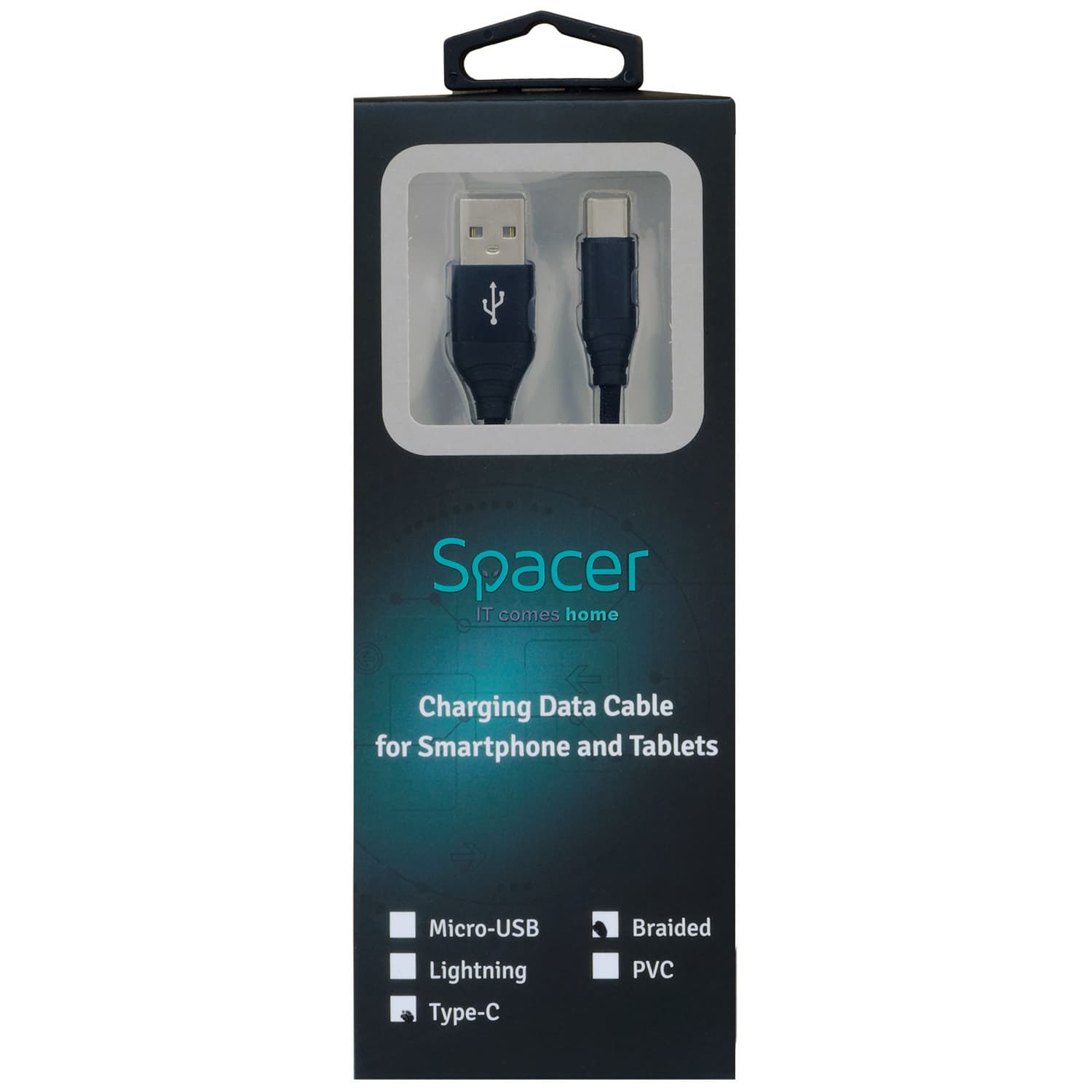 CABLU alimentare si date SPACER, pt. smartphone, USB 3.0 (T) la Type-C (T), Braided,2.1A,Retail pack, 1m, black, "SPDC-TYPEC-BRD-BK-1.0" — miniatură