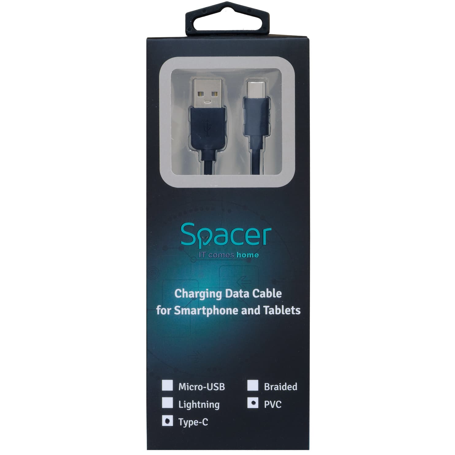 CABLU alimentare si date SPACER, pt. smartphone, USB 2.0 (T) la Type-C(T), PVC,2.1,Retail pack, 1.8m, black, "SPDC-TYPEC-PVC-BK-1.8" — miniatură