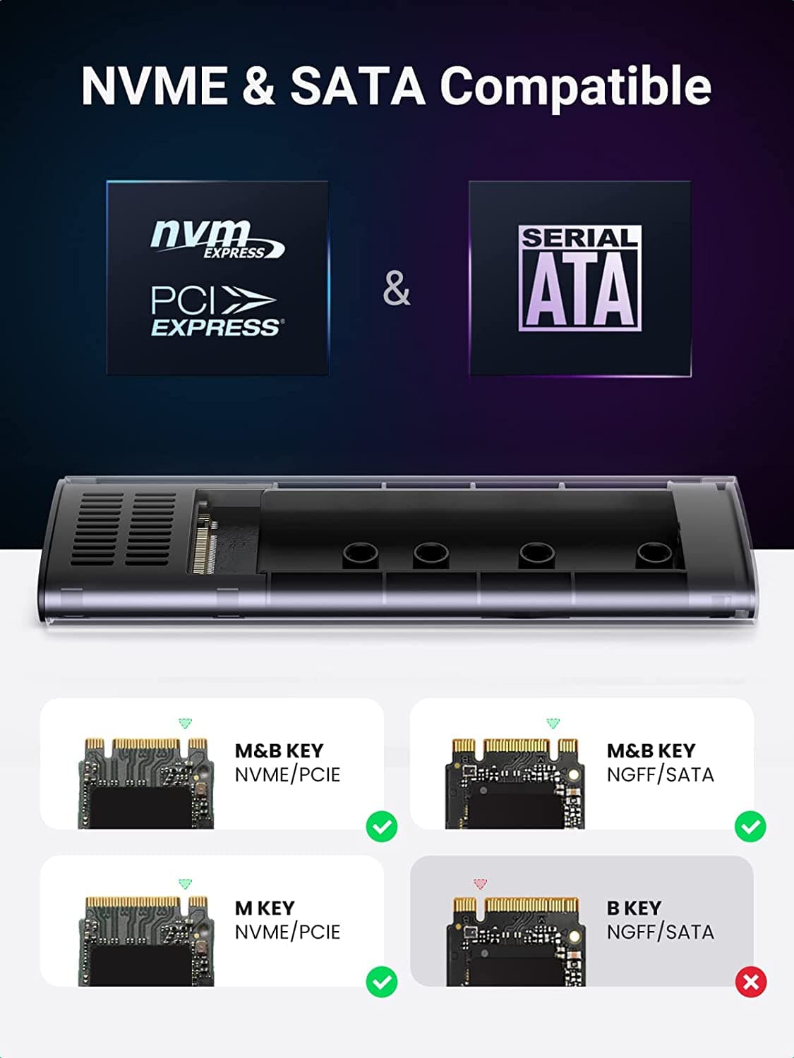 RACK extern Ugreen, "CM400" pt SSD M.2 NVMe + NGFF SATA compatib cu form factor 2280/2260/2242/2230, cablu 50cm USB-C la USB-C,10Gbps,Al, gri+ silicon case "90264"-6957303892648 — miniatură