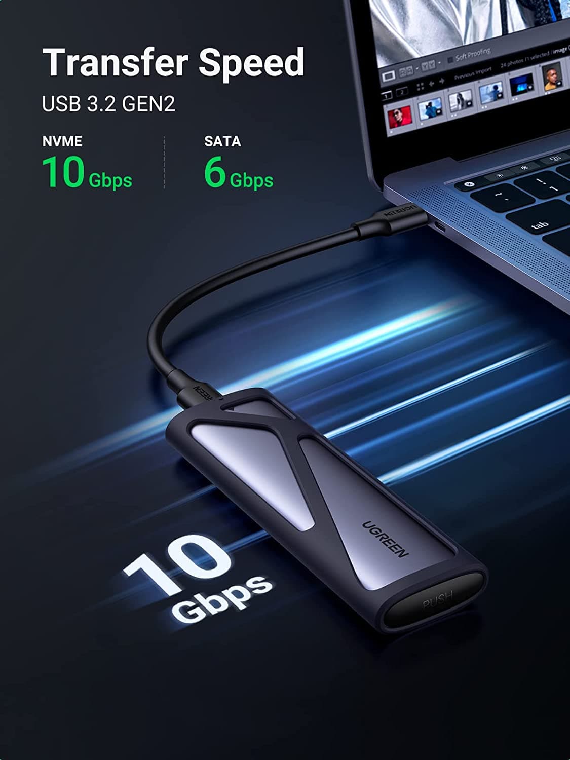 RACK extern Ugreen, "CM400" pt SSD M.2 NVMe + NGFF SATA compatib cu form factor 2280/2260/2242/2230, cablu 50cm USB-C la USB-C,10Gbps,Al, gri+ silicon case "90264"-6957303892648 — miniatură