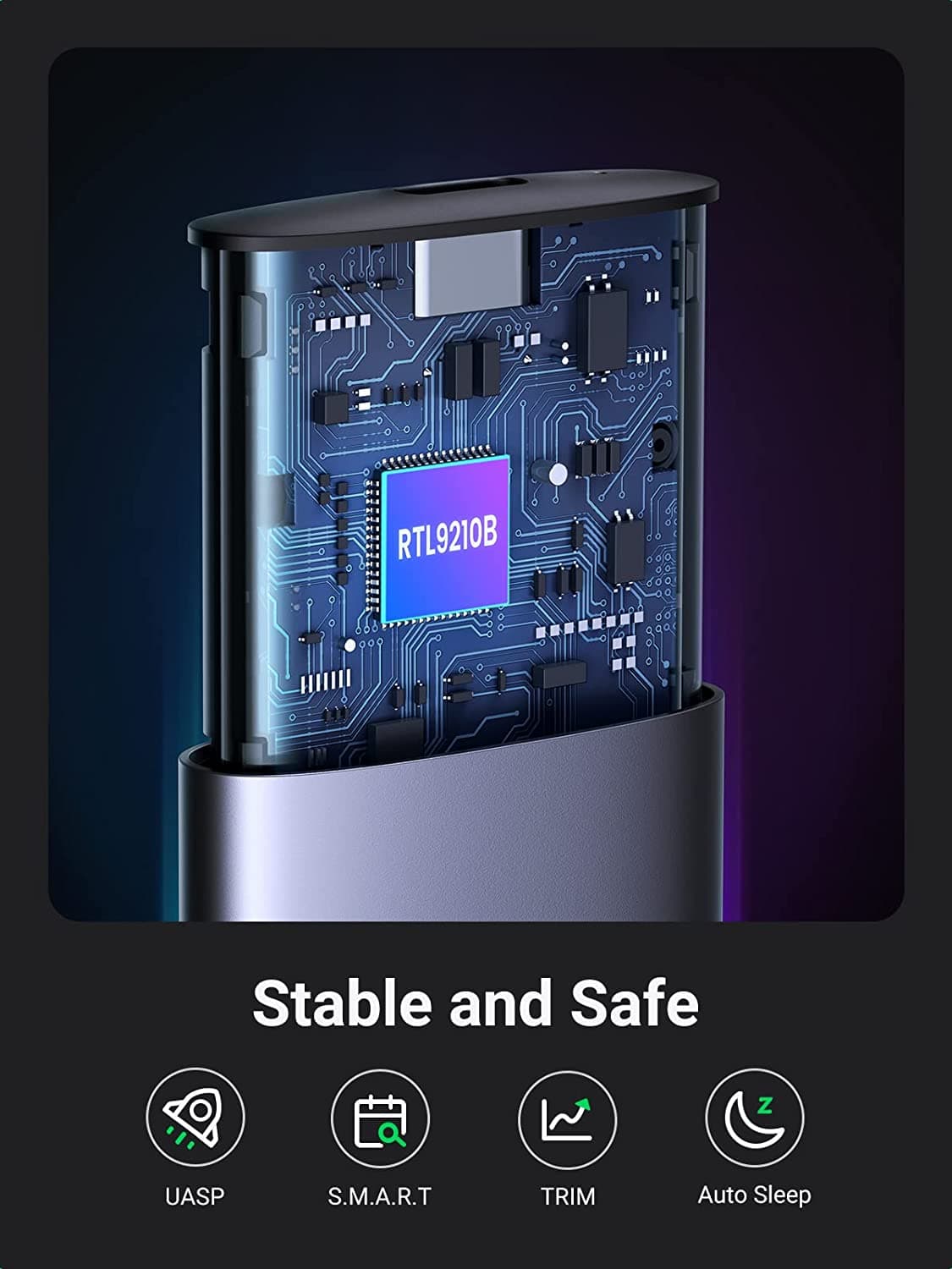 RACK extern Ugreen, "CM400" pt SSD M.2 NVMe + NGFF SATA compatib cu form factor 2280/2260/2242/2230, cablu 50cm USB-C la USB-C,10Gbps,Al, gri+ silicon case "90264"-6957303892648 — miniatură
