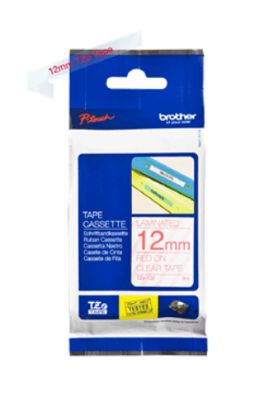 Banda laminata Original Brother Red on Clear, TZE132, pentru E105|E110|H100|H101|H105|H110|H111|P300|128|200|1000|1010|1090|1100|1120|1130|1160|1170|1180|1190|1200|1230|1280|1290|6100|7100|ST1150, 12mm, incl.TV 0 RON, "TZE132" — miniatură
