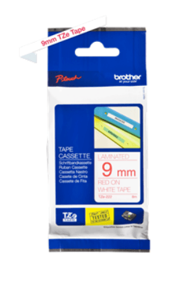 Banda laminata Original Brother Red on White, TZE222, pentru E105|E110|H100|H101|H105|H110|H111|P300|128|200|1000|1010|1090|1100|1120|1130|1160|1170|1180|1190|1200|1230|1280|1290|6100|7100|ST1150, 9mm, incl.TV 0 RON, "TZE222" — miniatură