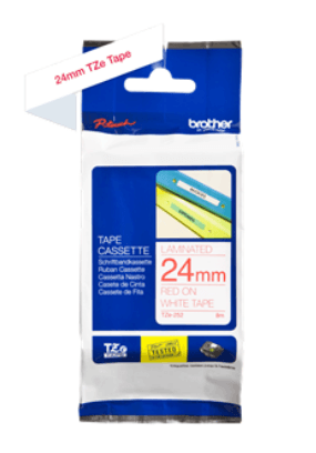 Banda laminata Original Brother Red on White, TZE252, pentru D600|E500|E550|H500|P700|P710|P750|330|350|520|540|580|1400|1500|1600|1650|2200|2210|2300|2310|2400|2410|2430|2500|2600|2610|2700|2710|2730|2730|7500|7600, 24mm, incl.TV 0 RON, "TZE252" — miniatură