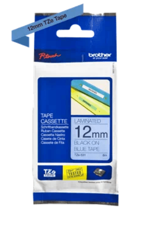 Banda laminata Original Brother Black on Blue, TZE531, pentru E105|E110|H100|H101|H105|H110|H111|P300|128|200|1000|1010|1090|1100|1120|1130|1160|1170|1180|1190|1200|1230|1280|1290|6100|7100|ST1150, 12mm, incl.TV 0 RON, "TZE531" — miniatură