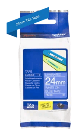 Banda laminata Original Brother White on Blue, TZE555, pentru D600|E500|E550|H500|P700|P710|P750|330|350|520|540|580|1400|1500|1600|1650|2200|2210|2300|2310|2400|2410|2430|2500|2600|2610|2700|2710|2730|2730|7500|7600, 24mm, incl.TV 0 RON, "TZE555" — miniatură