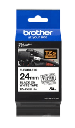 Banda laminata Original Brother Black on White, TZEFX251, pentru D600|E500|E550|H500|P700|P710|P750|330|350|520|580|1400|1500|1600|1650|2200|2210|2300|2310|2400|2410|2430|2500|2600|2610|2700|2710|2730|2730|7500|7600, 24mm, incl.TV 0 RON, "TZEFX251" — miniatură