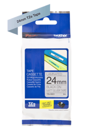 Banda laminata Original Brother Black on Silver, TZEM951, pentru D600|E500|E550|H500|P700|P710|P750|330|350|520|580|1400|1500|1600|1650|2200|2300|2310|2400|2430|2500|2600|2610|2700|2710|2730|2730|7500|7600, 24mm, incl.TV 0 RON, "TZEM951" — miniatură