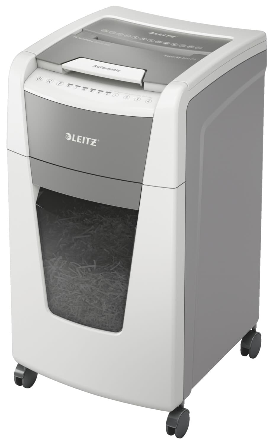Distrugator automat documente Leitz IQ Office, 300 coli, P5, micro-cut (tip particule), cos 60 litri, alb-gri, Leitz "80160000"