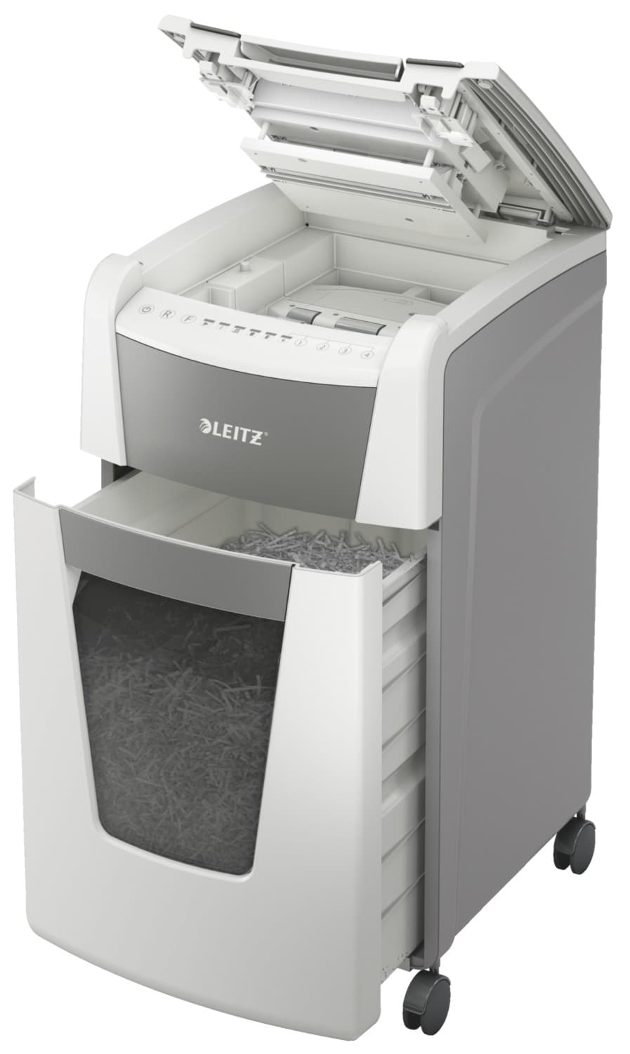 Distrugator automat documente Leitz IQ Office, 300 coli, P5, micro-cut (tip particule), cos 60 litri, alb-gri, Leitz "80160000" — miniatură