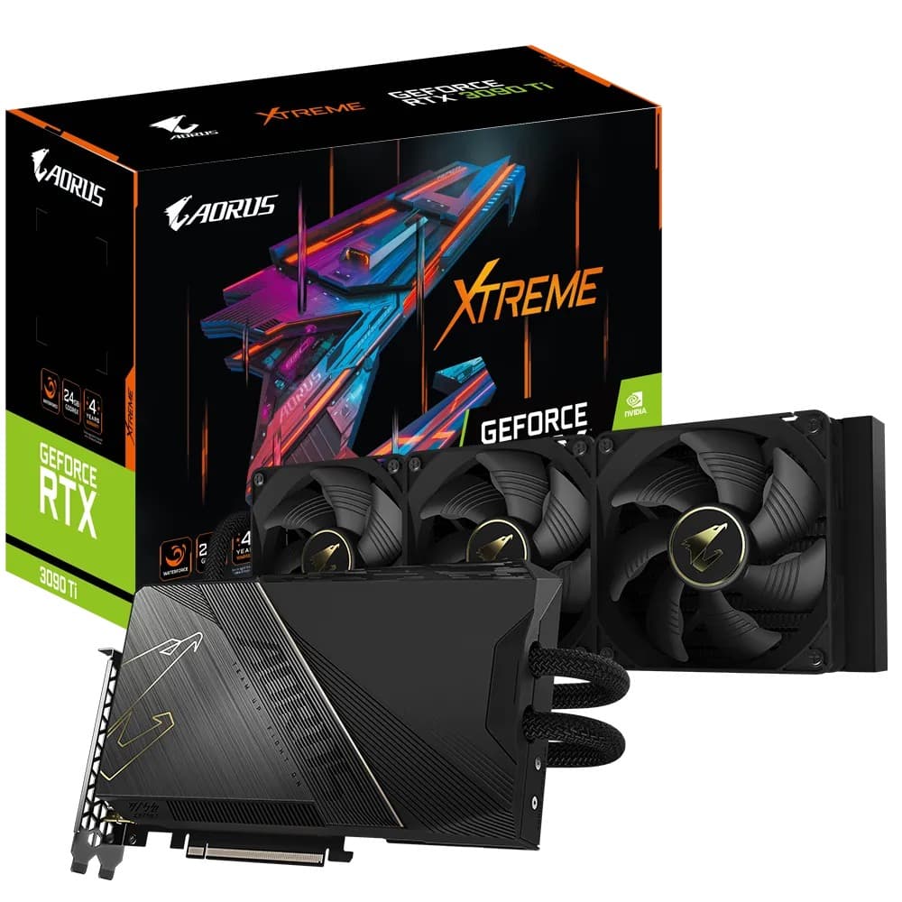PLACA VIDEO GIGABYTE "Aorus RTX 3090 Ti XTRM WATERFORCE", 24 GB GDDR6X 384 biti, PCI Express 4.0 x 16, HDMI DisplayPort x 3, sistem racire aer, "N309TAORUSX W-24G" — miniatură