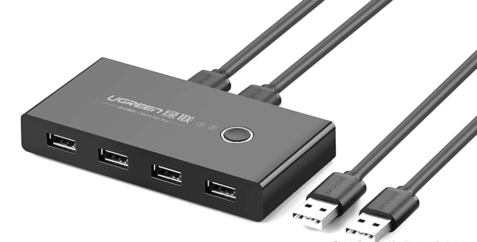 HUB extern Ugreen, "US216" porturi USB: USB 2.0 x 4,conectare prin 2 x USB,partajare date 2 pc-uri simultan,buton comutare PC, lungime 1.5 m, LED, negru "30767" - 6957303837670