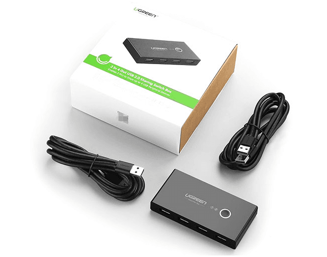 HUB extern Ugreen, "US216" porturi USB: USB 2.0 x 4,conectare prin 2 x USB,partajare date 2 pc-uri simultan,buton comutare PC, lungime 1.5 m, LED, negru "30767" - 6957303837670 — miniatură