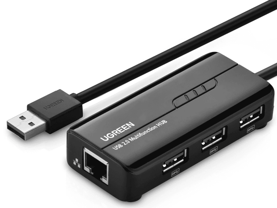 ADAPTOR RETEA Ugreen, "20264" extern, USB 2.0 (T) la port RJ-45 10/100 Mbps, porturi USB: USB 2.0 x 3, LED, negru "20264" - 6957303822645