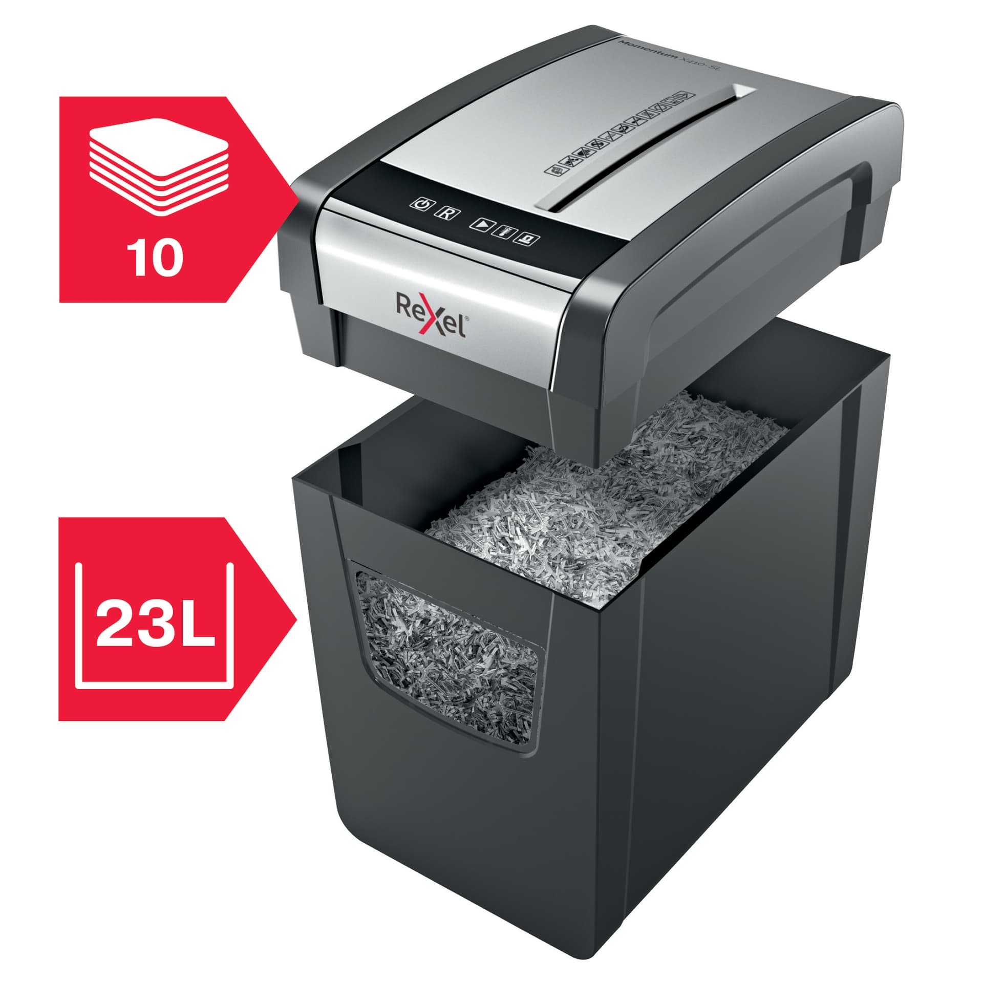 Distrugator manual documente MOMENTUM subtire X410-SL, 10 coli, P4, cross-cut (tip confeti) Rexel "2104573EU" — miniatură