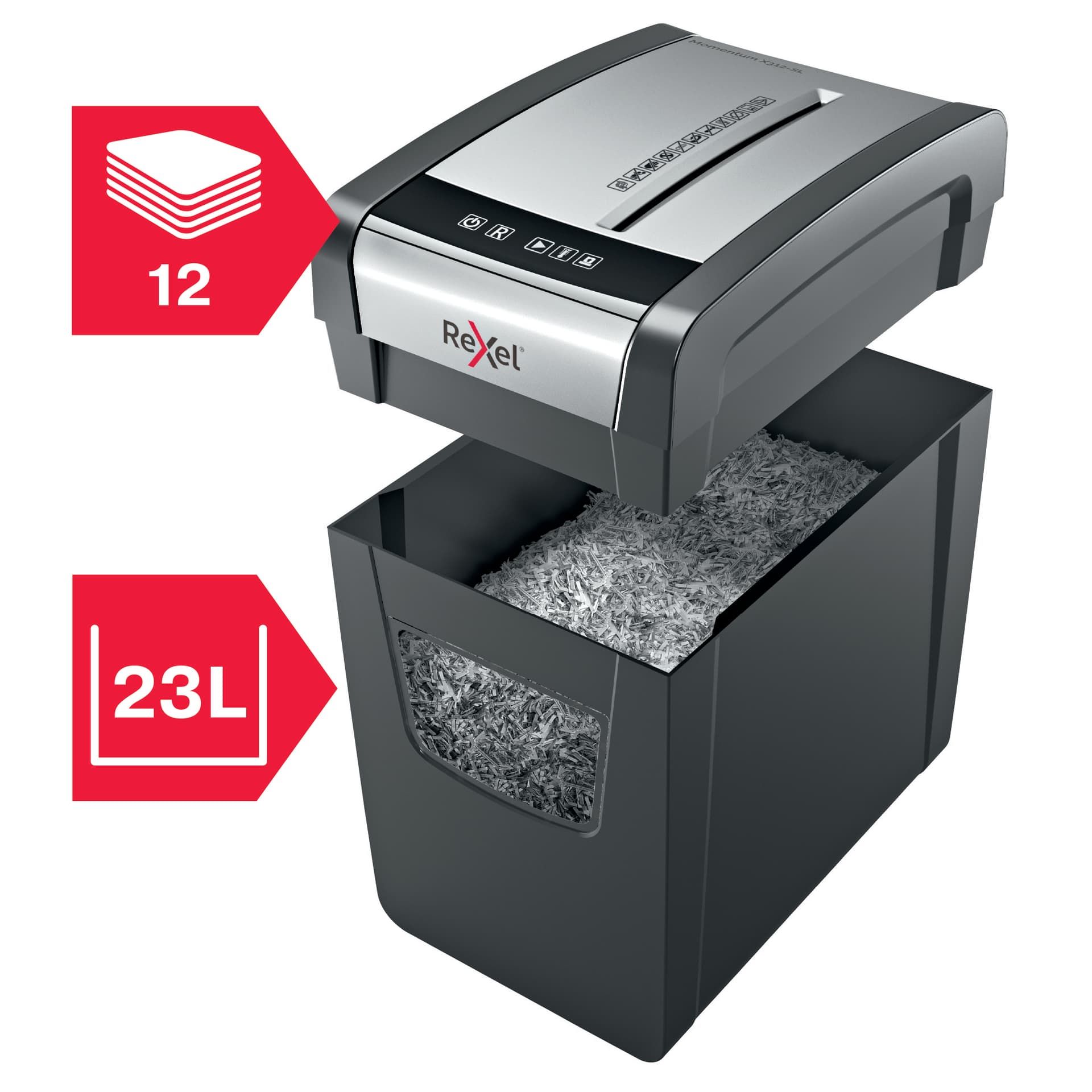 Distrugator manual documente MOMENTUM subtire X312-SL, 12 coli, P3, cross-cut (tip confeti) Rexel "2104574EU" — miniatură