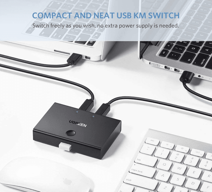 SWITCH USB SHARING Ugreen, "30345" porturi USB: USB-B x 2, conectare prin USB 2.0, cablu 1.5m inclus, buton comutare PC, LED, plastic, negru, "30345" - 6957303833450 — miniatură