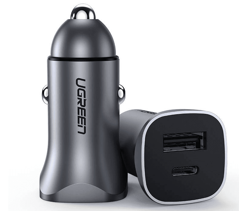 INCARCATOR auto Ugreen, "CD130" USB Type-C x 1 Output 5V/3A QC3.0, USB x 1 Output 5V/3A, total output 30W, pt. bricheta auto, gri "40858" - 6957303848584 — miniatură