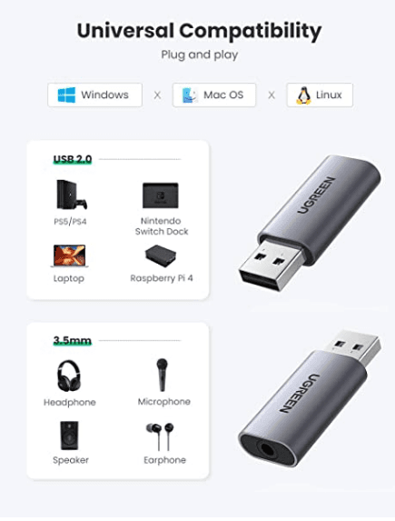 PLACA de SUNET Ugreen "CM383" extern, interfata USB 2.0 (T) la 3.5 mm jack (M), gri "80864" - 6957303888641 — miniatură