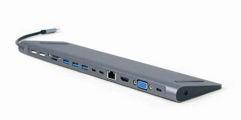 DOCKING Station Gembird universal, 9-in-1, conec PC USB-C,USB-Cx3, USB-A 3.1x3, USB-A 2.0x2, porturi video HDMIx1,VGAx1,PD 60W,RJ45,SD,microSD,Audio,argintiu "A-CM-COMBO9-01"