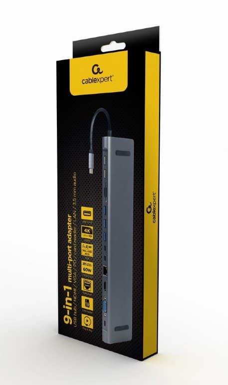 DOCKING Station Gembird universal, 9-in-1, conec PC USB-C,USB-Cx3, USB-A 3.1x3, USB-A 2.0x2, porturi video HDMIx1,VGAx1,PD 60W,RJ45,SD,microSD,Audio,argintiu "A-CM-COMBO9-01" — miniatură