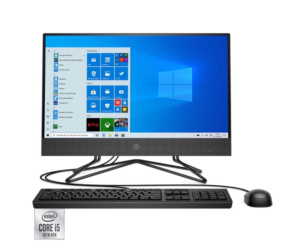 DESKTOP HP, "200 G4" All-in-one, 21.5 inch, CPU i5-10210U, Intel UHD Graphics 630, memorie 8 GB, SSD 256 GB, unitate optica, tastatura si mouse, Windows 10 Pro, "2Z362EA"