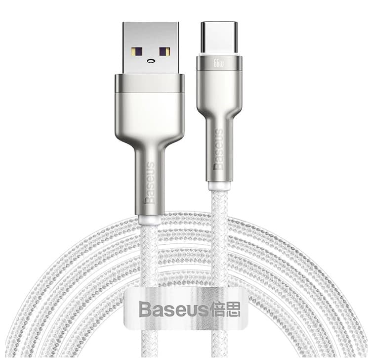 CABLU alimentare si date Baseus Cafule Metal, Fast Charging Data Cable pt. smartphone, USB la USB Type-C 66W, 2m, alb "CAKF000202" - 6953156209787
