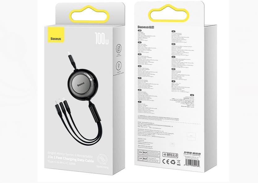 CABLU alimentare si date Baseus Bright Mirror 2 One-for-three Retractable,pt smartphone,USB Type-C la Micro-USB+Lightning+USB Type-C 100W,1.1m,negru "CAMJ010201"-6932172609139 — miniatură