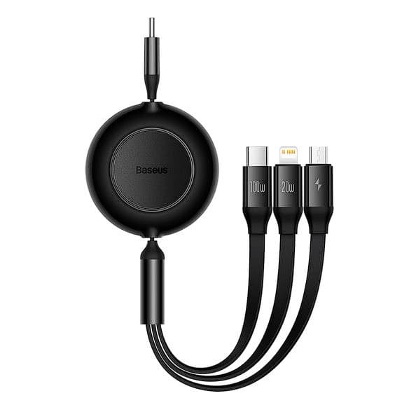 CABLU alimentare si date Baseus Bright Mirror 2 One-for-three Retractable,pt smartphone,USB Type-C la Micro-USB+Lightning+USB Type-C 100W,1.1m,negru "CAMJ010201"-6932172609139 — miniatură