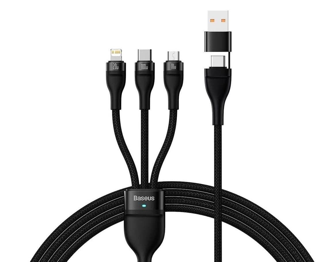 CABLU alimentare si date Baseus Flash Series 2 One-for-three Retractable,pt smartph,USB+USB Type-C la Micro-USB+Lightning+USB Type-C 100W,1.2m,negru "CASS030101"-6932172608743