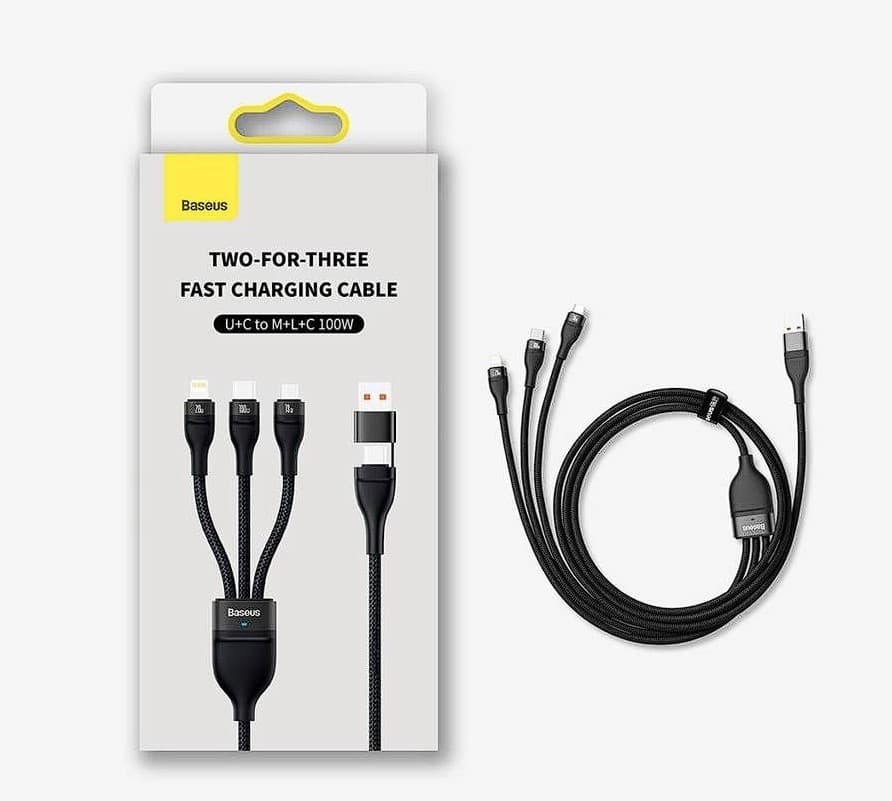 CABLU alimentare si date Baseus Flash Series 2 One-for-three Retractable,pt smartph,USB+USB Type-C la Micro-USB+Lightning+USB Type-C 100W,1.2m,negru "CASS030101"-6932172608743 — miniatură