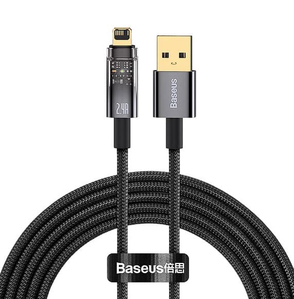 CABLU alimentare si date Baseus Explorer, Fast Charging Data Cable pt. smartphone, USB la Lightning 2.4A, 2m, Auto Power-Off, negru transparent "CATS000501" - 6932172605773
