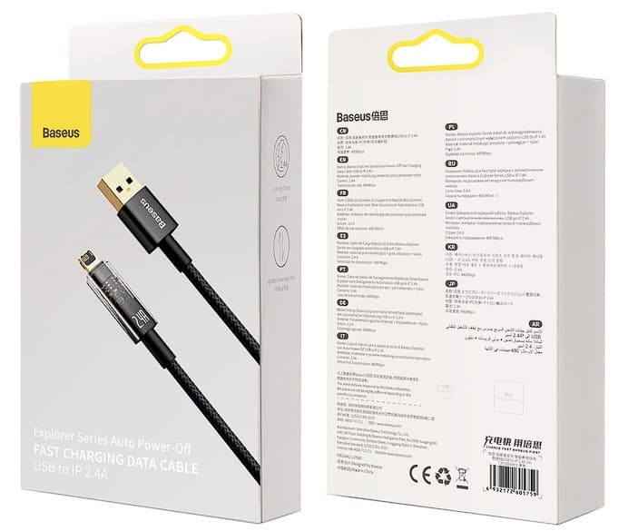CABLU alimentare si date Baseus Explorer, Fast Charging Data Cable pt. smartphone, USB la Lightning 2.4A, 2m, Auto Power-Off, negru transparent "CATS000501" - 6932172605773 — miniatură