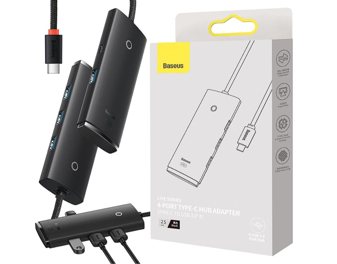 HUB extern Baseus Lite, porturi USB: USB 3.0 x 4, conectare prin USB Type-C, lungime 2m, negru, "WKQX030501" - 6932172606282