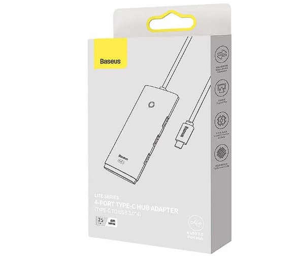 HUB extern Baseus Lite, porturi USB: USB 3.0 x 4, conectare prin USB Type-C, lungime 1m, alb, "WKQX030402" - 6932172606275 — miniatură