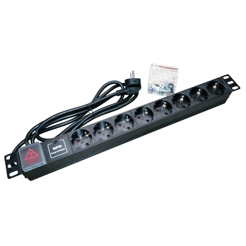 Bara alimentare aluminiu / PDU, 19 inch, 8 prize schuko + switch, protectie la supratensiune, 16A, 3500W, 3x1.5, 2m - EMTEX "PDU8PK"