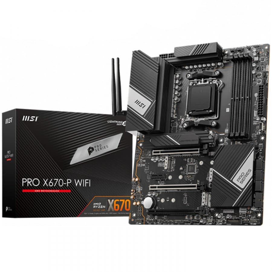 MSI PRO x670-P WIFI, ATX, Socket AM5, Dual Channel DDR5, 3x PCI-E x16, 4x M.2 slot, 1x HDMI, 1x DP, 4x USB 3.2 Gen 1, 3x USB 3.2 Gen 2, 1x USB 3.2 Gen 2x2, Type-C, 7.1 HD Audio, 2.5G LAN, Wi-Fi 6E, BT, 3Y, "PRO_X670-P_WIFI"