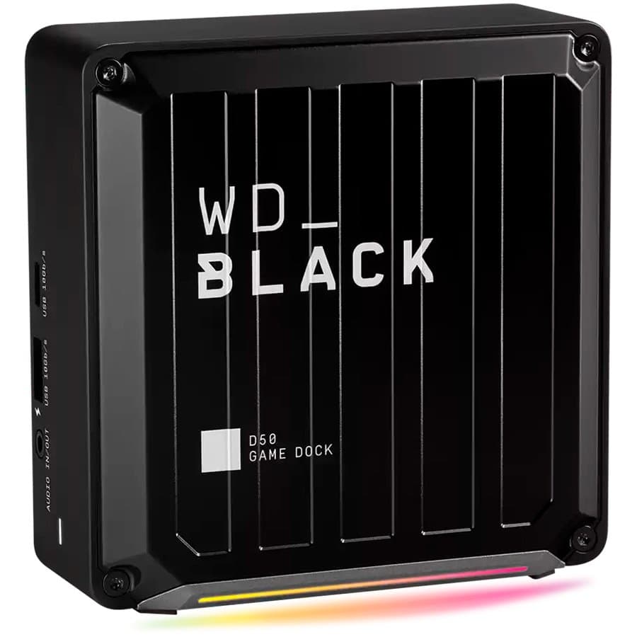Dock WD Black D50 Game Dock NVMe SSD 1TB, 2x Thunderbolt 3, 1x DP 1.4, 2x USB-C 10Gb/s, 3x USB-A 10Gb/s, Audio In/Out, Gigabit Ethernet, RGB, Black "WDBA3U0010BBK-EESN"