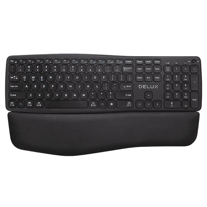 TASTATURA DELUX, wireless, 2.4GHz + BT 2 canale, 106 taste, ergonomica, multimedia, palmrest, ac. 210mAh Li-polimer, USB-C, negru, "GM908CV-BK"