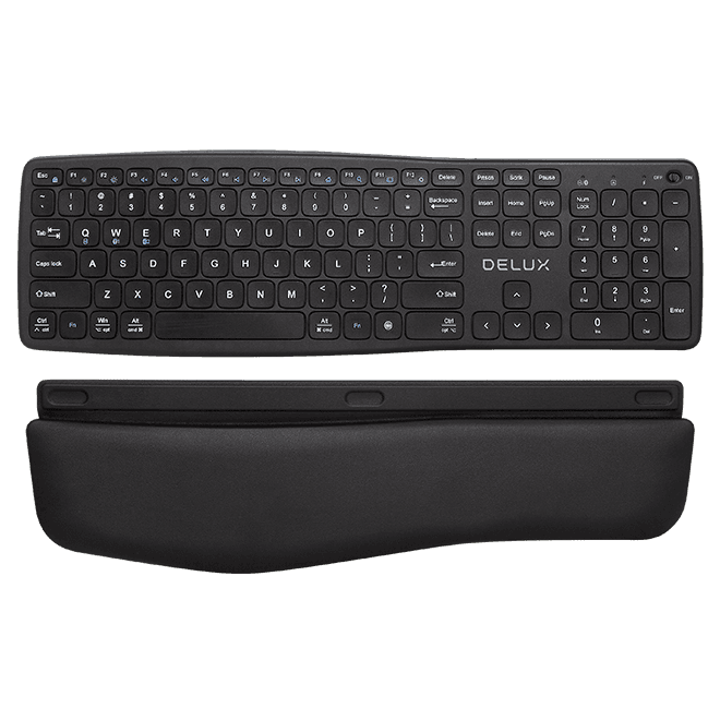 TASTATURA DELUX, wireless, 2.4GHz + BT 2 canale, 106 taste, ergonomica, multimedia, palmrest, ac. 210mAh Li-polimer, USB-C, negru, "GM908CV-BK" — miniatură