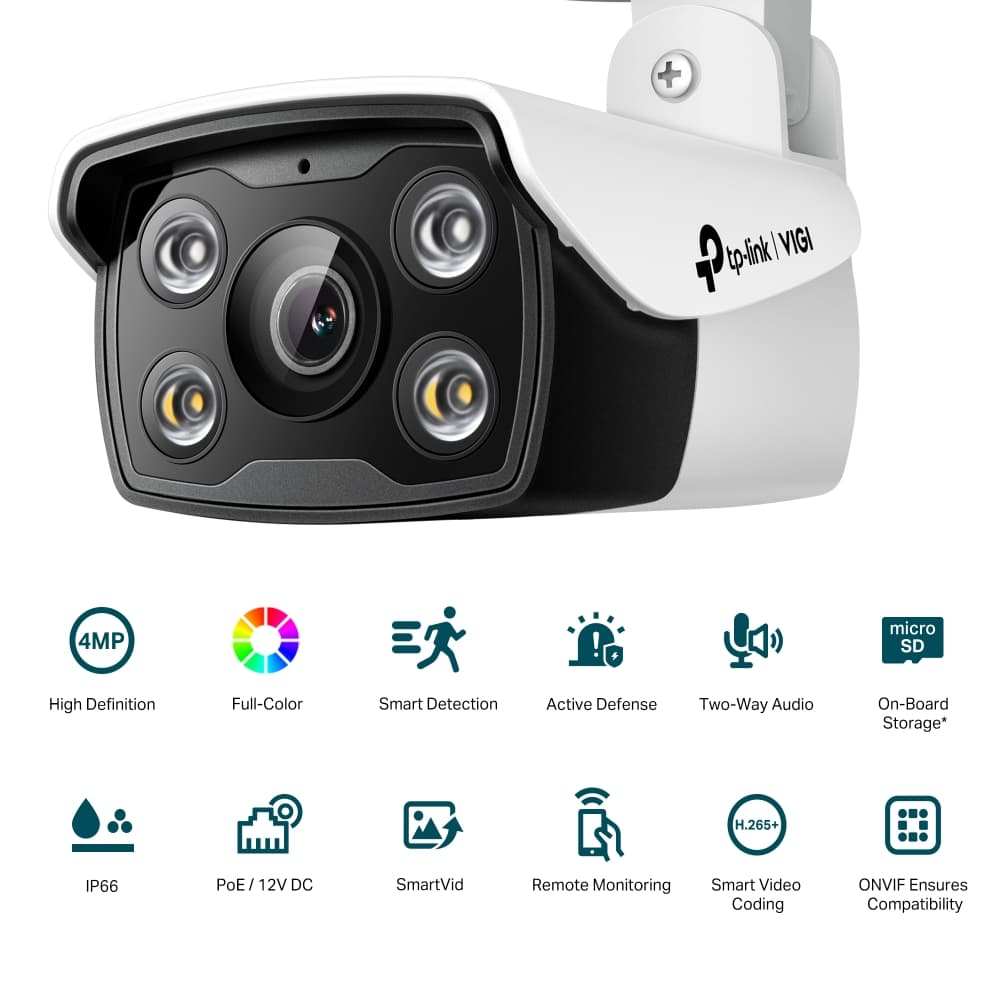 CAMERA IP TP-LINK VIGI, bullet, pt. interior, dist. IR 30 m, tip lentila fixa 4 mm, 4 Mpx, 1 x RJ45 10/100M, carcasa plastic, POE, "VIGI C340" — miniatură